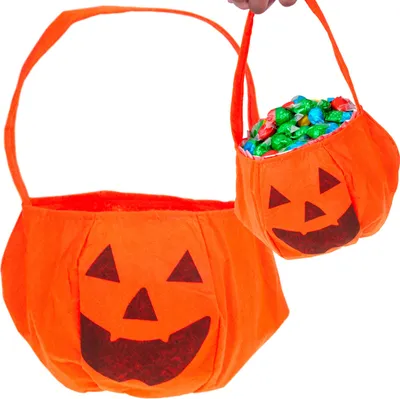 Two pumpkin-shaped Halloween candy bags, one filled with candy, are displayed against a white background.