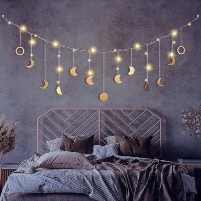 Image de Décoration murale bohème avec éclairage LED - 144 cm - dorée