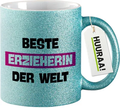 Produktbild von Huuraa Glitzertasse Beste Erzieherin der Welt 330ml Blau Keramik Kaffeebecher Geschenkidee