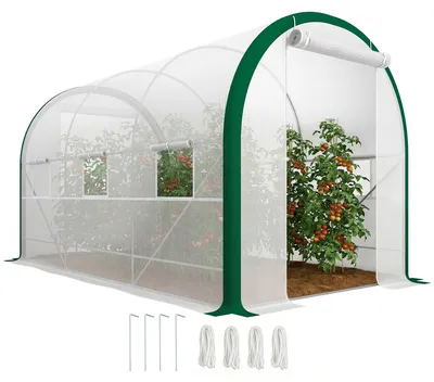 Image de Tunnel de culture en film plastique - Serre de jardin - Accessible, dimensions 3,5 x 2 x 2 mètres - Structure en métal - Porte avec fermeture éclair - Fenêtres en filet - Couleur vert armée