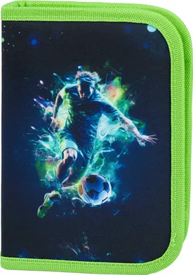 A soccer player in action, with dynamic green and blue energy effects surrounding him and a soccer ball.