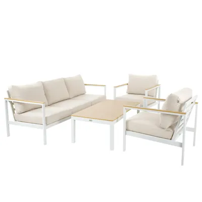 Produktbild von di volio Gartenmöbel Set TIVOLI creme, Terrassenmöbel aus wasserfestem Materialien, Gartenmöbel für 5 Personen - Couchtisch & 3-Sitzer Sofa & 2 Sessel