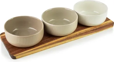 Produktbild von Servierbrett Akazienholz Allesken Modern Kitchen 32x11x1,2 cm Natur 1 Set mit 3 Schalen 10x10x4,5 cm Beige 3 Stück