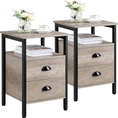 Produktbild von Yaheetech Nachttisch 2er Set, Beistelltisch mit Schubladen, Nachtschrank mit Ablage, Nachtkommode, Metallgestell stabiles, Leicht montierbar, für Wohnzimmer, Schlafzimmer, Grau