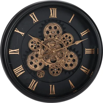 A close-up studio shot of a decorative wall clock with visible gears.