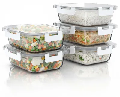 Zdjęcie produktu dla Szklane pojemniki do przechowywania żywności Arendo z pokrywkami, pudełka na lunch, pojemniki do przechowywania, zestaw 5 sztuk, prostokątne 1040 ml, można je ustawiać jeden na drugim, szczelne, do przygotowywania posiłków, nadają się do mikrofalówki, piekarnika, zamrażarki i zmywarki