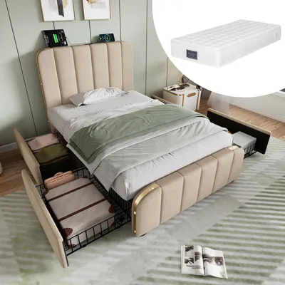 Image de OKWISH Lit double 90x200 cm - Lit avec tiroirs et fonction USB Type-C - Lin - Matelas Inclus - Beige