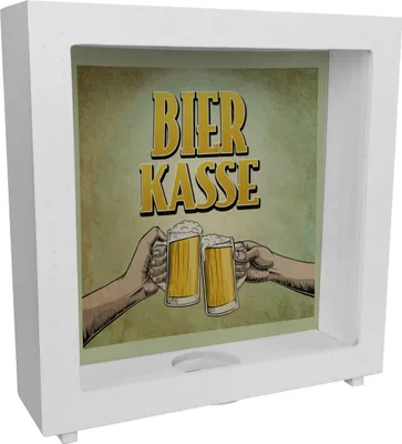 Produktbild von Bierkasse Rahmen Spardose aus Holz mit coolem retro Motiv - prostende Bierkrüge