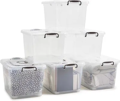 Productafbeelding van Transparante opbergboxen, set van 6 - ideaal voor kantoor en kinderkamer - 42 liter - stapelbare containers met deksel (54,5 x 39 x 32 cm).