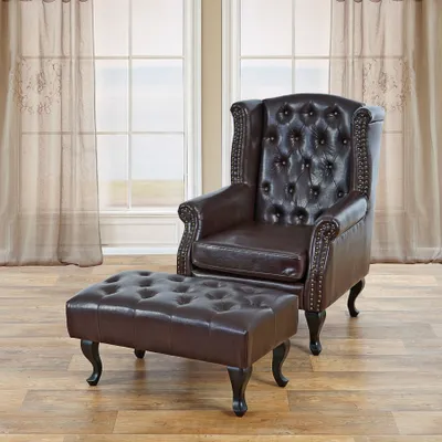 Obrázok produktu pre Kreslo Relax kreslo Klubové kreslo Krídlové kreslo Chesterfield, Imitácia kože ~ starožitná hnedá s otomanom