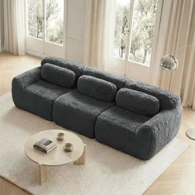 Produktbild von MODFU Dreisitzer Ecksofa,Modulares Sofa mit Geschwungene,ohhne Ottoman,Relaxsofa mit Rutschfester Boden & Kissen,Plüschstoff,Grau