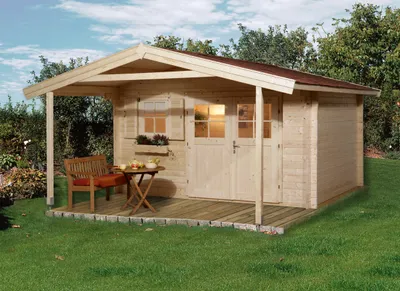 Produktbild von WEKA 136.3838.40.00 Premium Gartenhaus/Blockbohlenhaus Kempten 3 mit Vordach (200 cm)/Doppeltür/Einzelfenster ; Größe: 2 ; Farbgebung: Naturbelassen ; Wandstärke: 45 mm ; Maße (LxBxH): 580 cm x 380 cm x 262 cm ; Seitenwandhöhe: 210 cm