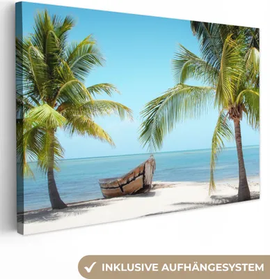Produktbild von MuchoWow® - Leinwandbilder - Palme - Boot - Strand, Wandbild, Wanddeko Bilder Wohnzimmer, 120x80 cm