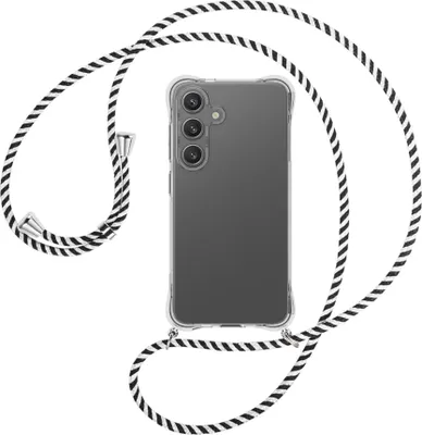 Produktbild von Handykette Backcover-Schutzhülle mit Band (Metall silberfarben) für Samsung S25 - schwarz/weiß gestreift