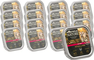 Produktbild von Dehner Wild Nature Katzenfutter Kitten Hügelland, Nassfutter getreidefrei / zuckerfrei, für junge Katzen, Huhn, 16 x 100 g Schale (1.6 kg)