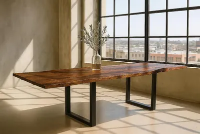 Produktbild von Esstisch Baumkante Akazie nougat 180 (280) x 90 mit Ansteckplatten BARCELONA