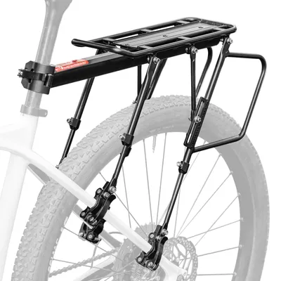 Produktbild von Gepäckträger für Fahrräder aus Aluminiumlegierung, verstellbar für Hinterräder von 26-29 Zoll, Gepäckträger zur Montage an der Sattelstütze mit Schnellverschluss und Reflektor, geeignet für Rennräder und Mountainbikes.