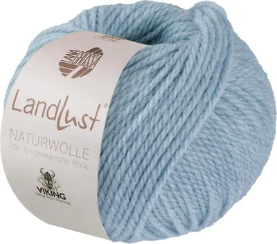 A ball of light blue yarn with a label.