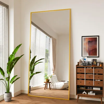 Produktbild von Vortisys 180 x 75 cm Rechteckiger Ganzkörperspiegel Rahmen aus Aluminiumlegierung Gehärtetes Glas Geeignet für Schlafzimmer und Wohnzimmer Goldfarben