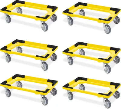 Produktbild von 6 Transportroller für 600x400 mm Drehstapelbehälter, offen, gr. Gummiräder, gelb