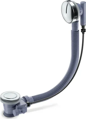 A bathtub drain assembly with a flexible hose and overflow cover, presented against a white background.