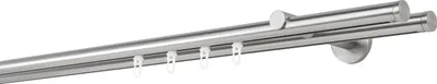 A double curtain rod with hooks, mounted on a wall.