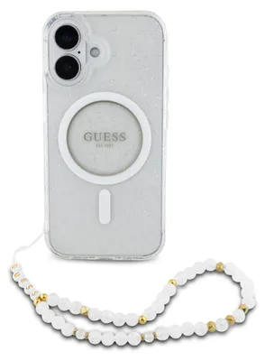 Produktbild von GUESS Handyhülle für iPhone 16, Guess IML Glitter with Pearl Strap MagSafe, Transparent