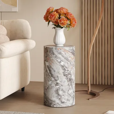 Produktbild von STILVORA runder Couchtisch mit grauer Marmoroptik Beistelltisch im minimalistischen Design，Sofatisch im Wohnzimmerdekoration ，Teetisch