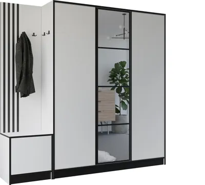 A modern hallway wardrobe with a coat rack and storage unit, featuring mirrored doors.
