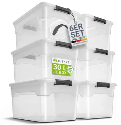 Produktbild von Juskys Aufbewahrungsbox mit Deckel - 6er Set Kunststoff Boxen 30l - Box groß, stapelbar, transparent - Aufbewahrung Ordnungssystem Aufbewahrungsboxen