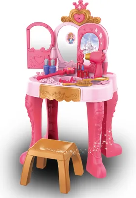 A child's princess-themed vanity table with accessories and a stool, presented against a white background.