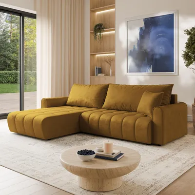 Produktbild von Masseno Ecksofa FRIGA mit Schlaffunktion L-Form, Sofa mit Bettkasten, Wohnzimmersofa, Couch, Soffa, Bettsofa, Couchgarnitur- Gelb, MONOLITH 48