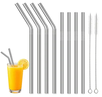 8er-Set Edelstahl-Trinkhalme 215 mm + 2 Bürsten