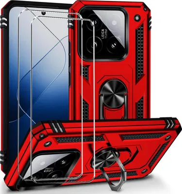 A red phone case with a built-in ring stand and a screen protector, presented in a studio setting.