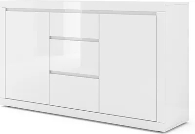 A white sideboard with three drawers and two doors.