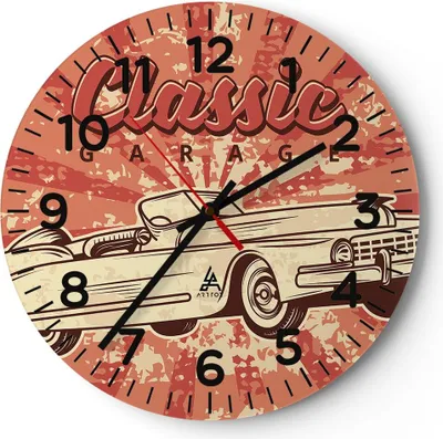 Produktbild von Wanduhr - Rund - Glasuhr - Auto klassisch - 40x40cm - Schleichendes Uhrwerk - Lautlos - zum Aufhängen bereit - Dekoration Modern - Wanddekoration aus Glas - C4AR40x40-4090