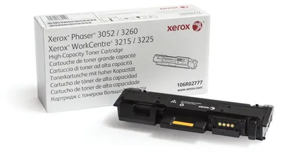 A Xerox toner cartridge and its packaging are displayed on a white background.