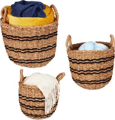 Produktbild von Relaxdays Aufbewahrungskorb 3er Set, Seegras, 3 Größen, Flechtkorb mit Griffen, Bad, Schlaf- & Wohnzimmer, natur/schwarz