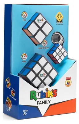 Produktbild von Rubik’s Zauberwürfel Familienset, originale 3x3-Würfel, 2x2-Würfel und 3x3-Schlüsselanhänger-Würfel, vollständiges 3er-Set, Zauberwürfel, 8 Jahr(e)
