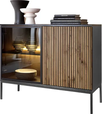 A modern sideboard with glass doors and wooden slatted doors, displayed on a white background.