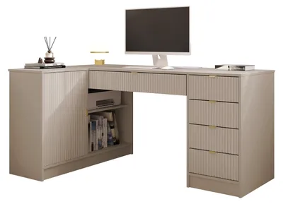 Produktbild von MIRJAN24 Eckschreibtisch / Schminktisch Tireno mit 5-Schubladen, Fronten gefräst, Aluminiumgriffe in der Farbe Gold (Farbe: Sandbeige)