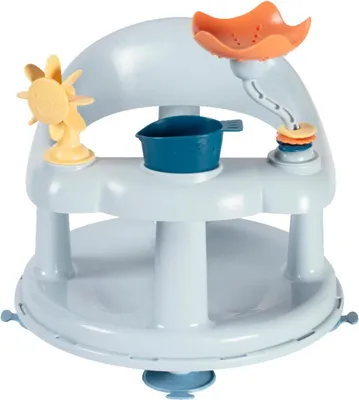 A baby bath seat with toys.