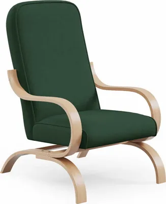 A green upholstered armchair with light wood curved legs and armrests, presented against a white background.