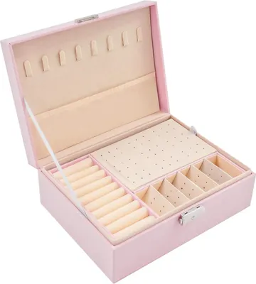 Immagine prodotto di Portagioie - Scatola portagioie - A 2 scomparti - Finto cuoio - Con chiusura - Per anelli e orecchini - Rosa