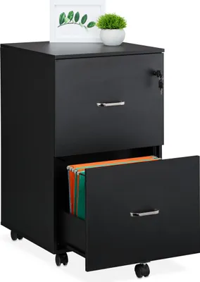 Produktbild von Relaxdays Rollcontainer, 2 Schubladen mit Hängeregister, HxBxT: 72 x 43 x 46 cm, abschließbarer Aktenschrank, schwarz
