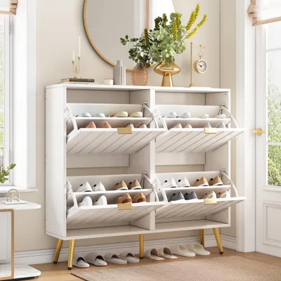 Produktbild von Schmaler Schuhschrank mit 4 Klappen – platzsparend, mit Kippschutz und verstellbaren Regalböden für alle Schuharten – Weiß – Maße: 100x24x91,5 cm