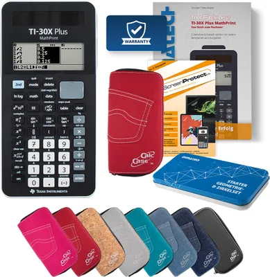 Produktbild von TI-30X Plus MP Taschenrechner mit Tasche rot, Schutzfolie, Buch & Zirkel Set