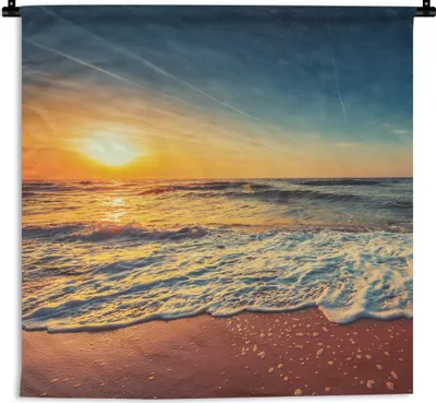 Produktbild von MuchoWow® Wandteppich Wandbehang Strand - Meer - Sonnenuntergang - Gold 60x60 cm Tapisserie Dekoration Wandtuch - Dekorationen - Wand Decke