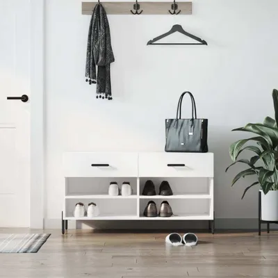 Zdjęcie produktu dla vidaXL Ławka na buty biała 102x35x55 cm Materiał drewnopochodny - Ławka na buty - Ławki na buty - Ławka z miejscem do przechowywania - Stojak na buty