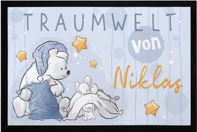 Produktbild von Fußmatte Kinderzimmer personalisiert mit Name Traumwelt Bär Sterne Türvorleger Kind rutschfest & waschbar SpecialMe® weiß 60x40cm